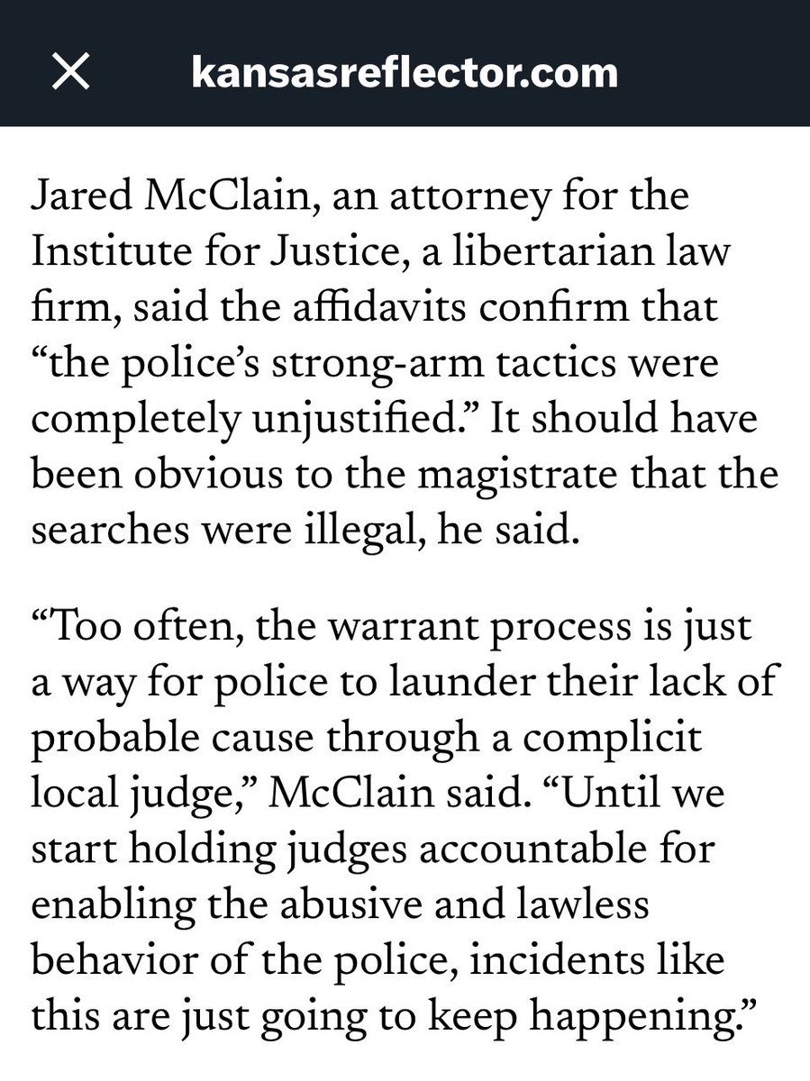 There’s no good reason why judges should be immune when they rubber stamp obviously invalid warrants that enable police to trample people’s rights. I shared my thoughts with @KansasReflector: