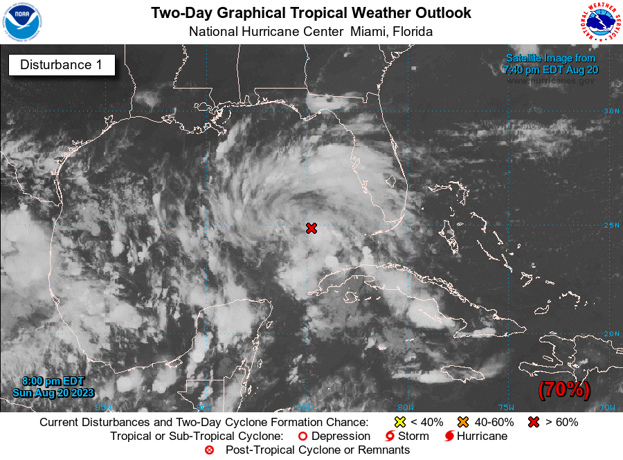 NHC_Atlantic's tweet image. 8PM EDT Aug 20: The system in the Gulf of Mexico has a high chance of formation. Interests in the western Gulf of Mexico should monitor the progress of this system. Tropical storm watches or warnings may be necessary on Monday. Visit hurricanes.gov for the latest