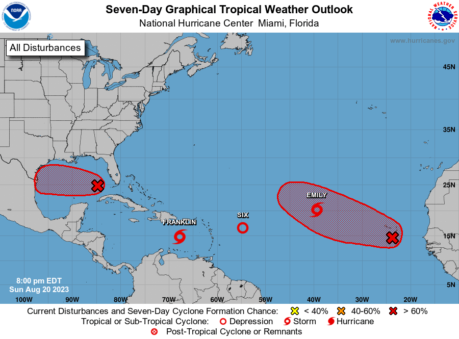 NHC_Atlantic's tweet image. 8PM EDT Aug 20: The system in the Gulf of Mexico has a high chance of formation. Interests in the western Gulf of Mexico should monitor the progress of this system. Tropical storm watches or warnings may be necessary on Monday. Visit hurricanes.gov for the latest