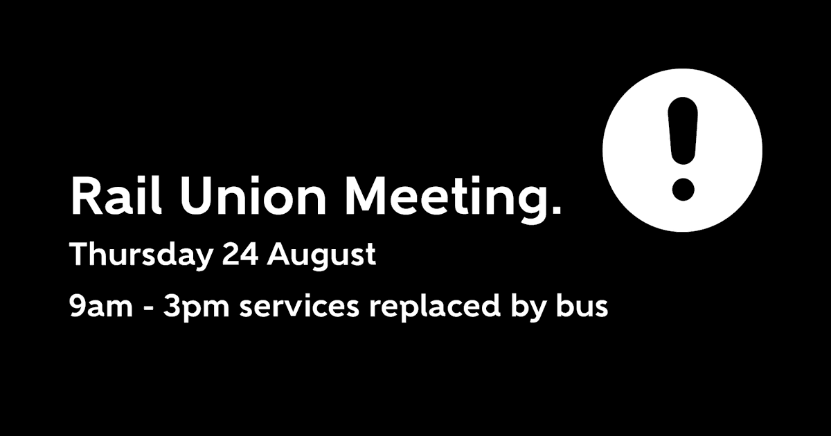 metlinkwgtn's tweet photo. On Thursday 24 August, buses will replace trains on all lines from 9 AM – 3 PM during a rail union meeting 🚍 

This is an important meeting for our staff, and we support their attendance. 

Bus replaced services do take longer than rail services, so please allow extra time for travel, or make alternative arrangements if needed 📱 

To view the bus replacement timetables or find a bus replacement stop location, you can use the Metlink app, visit https://t.co/UkL7oCJtPM, or give the Metlink team a call on 0800 801 700 📞