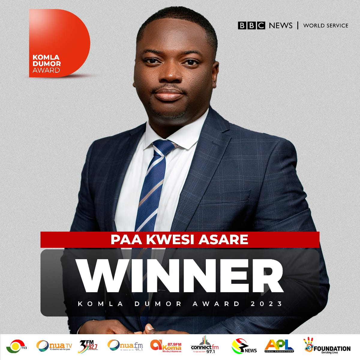 tv3_ghana's tweet photo. TV3's Paa Kwesi Asare brings home the BBC News Komla Dumor Award - The first time a Ghanaian journalist has been awarded.

Congratulations Paa Kwesi, we are super proud of you 🎉💃🎊

#TV3GH