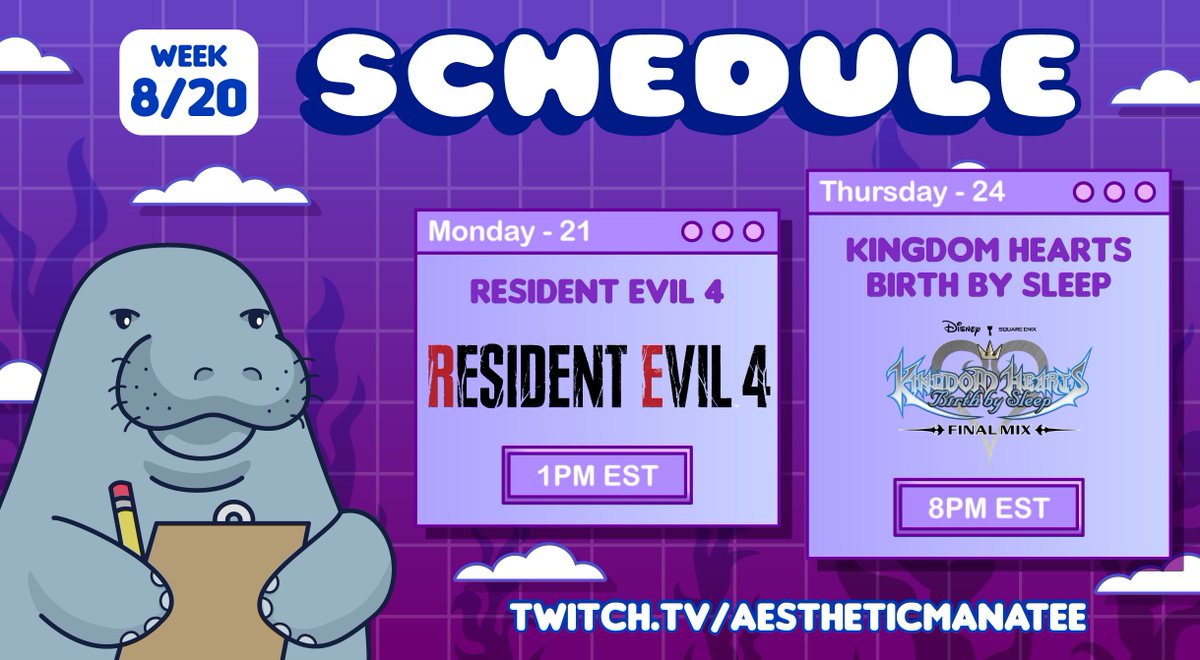 Schedule for the week! We're getting close to finishing resident evil 4! and then going back to kh birth by sleep :3 🥬🥬🥬