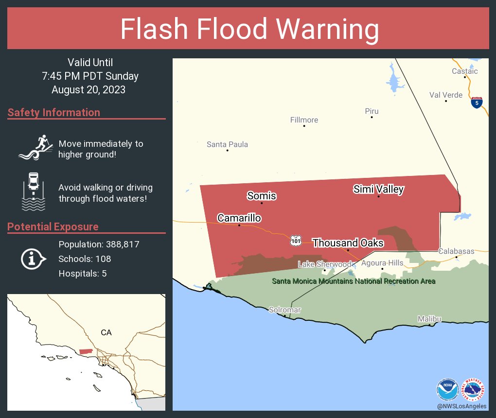 NWSLosAngeles's tweet photo. Flash Flood Warning including Thousand Oaks CA, Simi Valley CA and  Camarillo CA until 7:45 PM PDT https://t.co/pXjtTetvXt