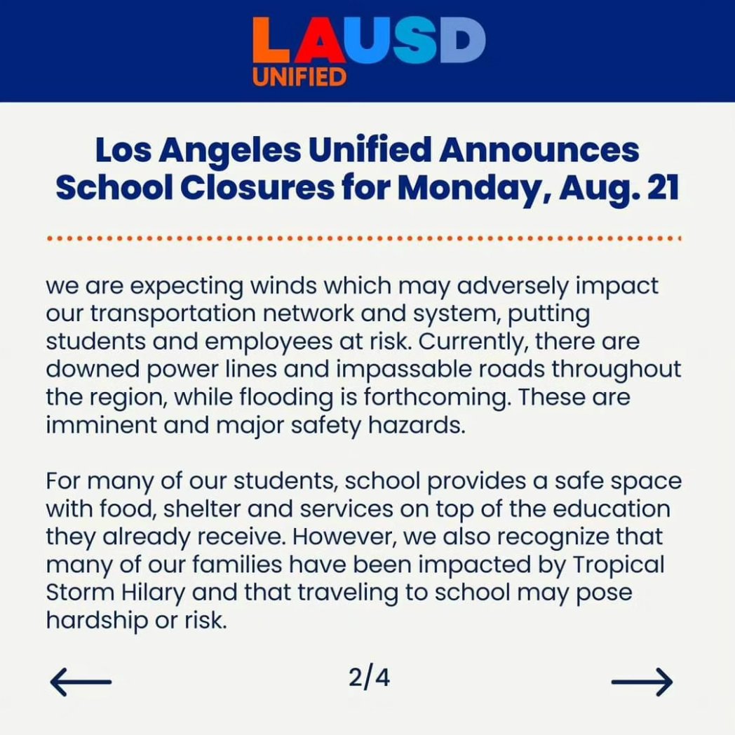 SLAStallions's tweet photo. School will be closed tomorrow Aug,21st. School will resume on Tuesday. https://t.co/hg8oiQE1Ev