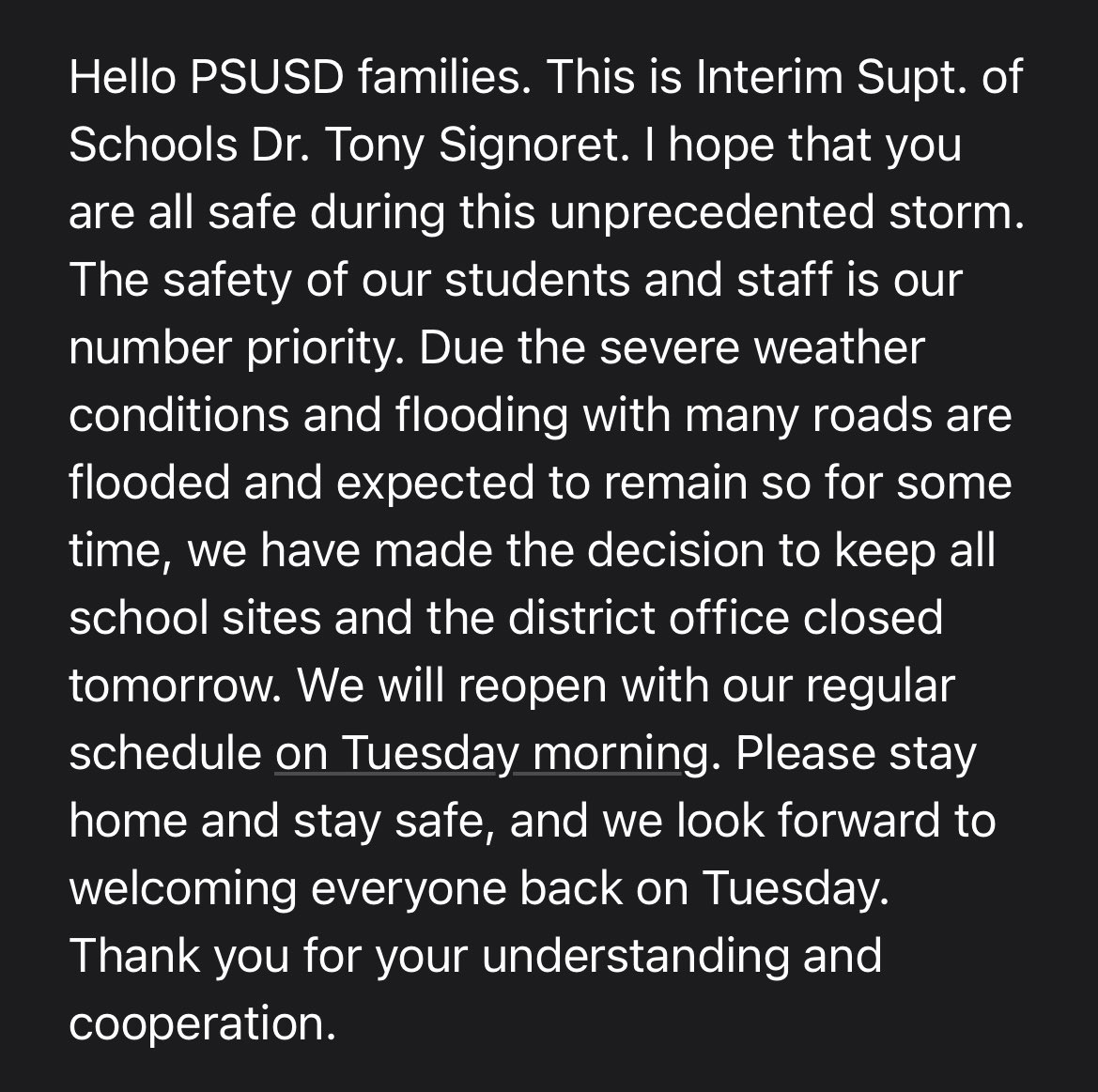 RMHSCareerLady's tweet photo. PSUSD will be closed tomorrow and will be resuming classes on Tuesday, August 22nd. Stay Safe! 🌧️ https://t.co/BfvdYrs9SZ