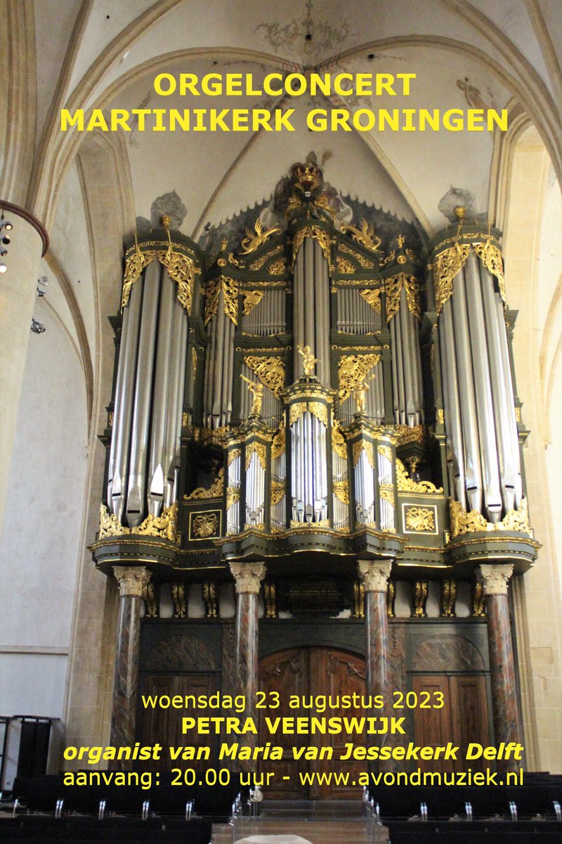 Petra Veenswijk bespeelt het Schnitgerorgel van de <a href="/Martinikerk/">Martin ✝️</a> Groningen. Woensdag 23 augustus 2023, aanvang: 20.00 uur. Composities van Buxtehude, Bach, Sweelinck, Böhm, Weckmann, Rogg, Litaize en Langlais. Meer informatie: avondmuziek.nl <a href="/AvondmuziekG/">Avondmuziek Martinikerk Groningen</a>