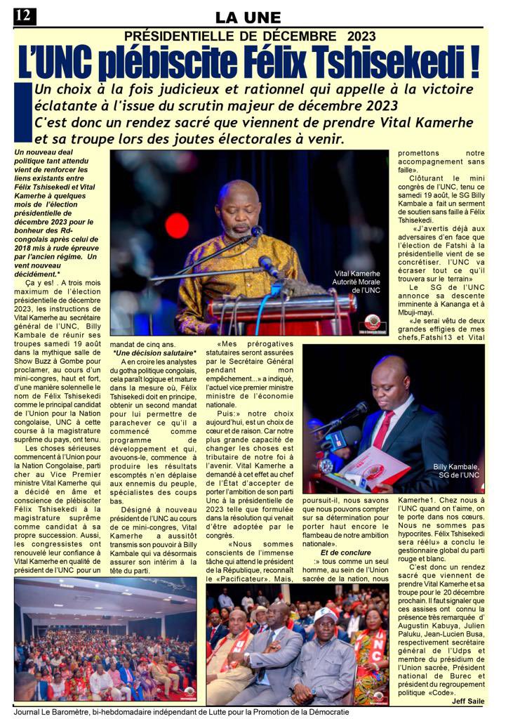 L'UNC plébiscite Félix Tshisekedi !

Un choix à la fois judicieux et rationnel qui appelle à la victoire éclatante à l'issue du scrutin majeur de décembre 2023. 
C'est donc un rendez sacré que viennent de prendre Vital Kamerhe et sa troupe lors des joutes électorales à venir.