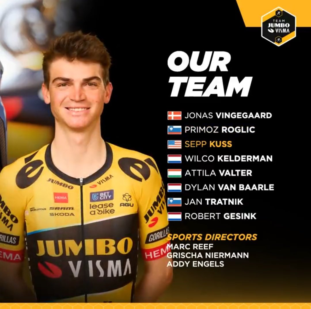 faustocoppi60's tweet photo. Decent roster by Jumbo-Visma for La Vuelta. 🙈 At this point, I don't know if Sepp Kuss racing all the 3 Grand Tours for his leader to win them is legendary stuff or just pure labour exploitation. 😝 https://t.co/yqVhnOQyGU