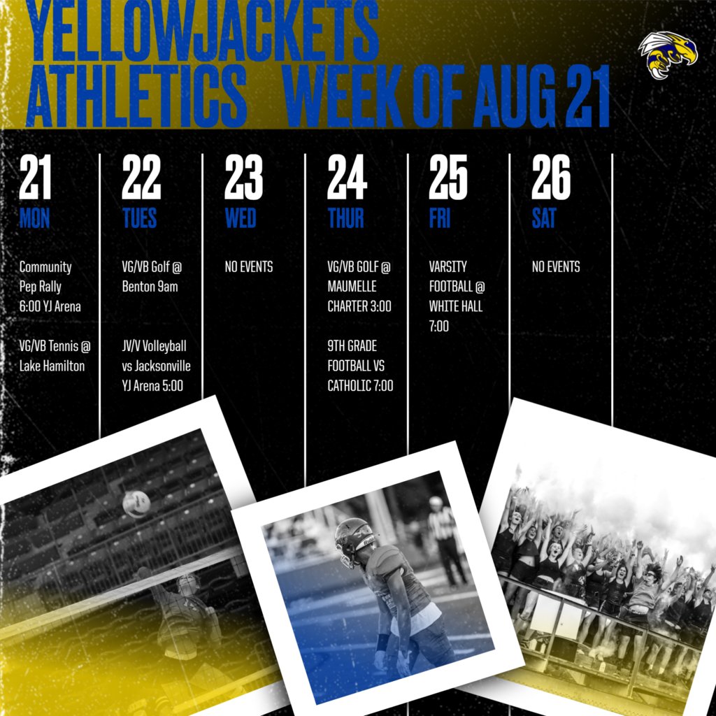 Check out the Yellowjackets athletic calendar for the week of August 21. Many of our student athletes will be in action. Come cheer them on!!!