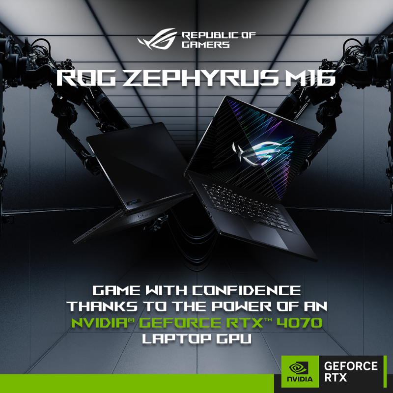 ASUS_za's tweet photo. Powered by the latest NVIDIA® technology, the ROG Zephyrus M16 features a NVIDIA® GeForce RTX™ 4000 Series GPU, delivering a quantum leap in both performance and AI-powered graphics.

#Nvidia #ROG #Evetech #rtx40 #dlss3 #40series