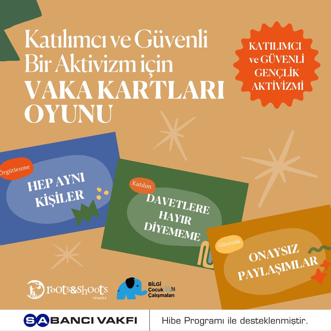 rootsnshootsTR's tweet photo. 🌱 Roots &amp; Shoots TR olarak BİLGİ ÇOÇA ortaklığında ve Sabancı Vakfı Hibe Programı kapsamında desteklenen “Katılımcı ve Güvenli Gençlik Aktivizmi” projemiz için hazırladığımız vaka kartları oyunu hazır! https://t.co/Tbzn0CSECG
