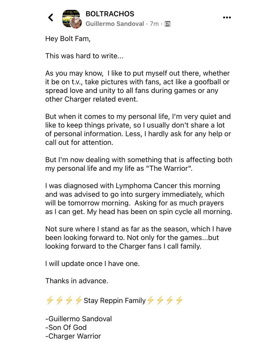 chargers's tweet photo. sending our love + support to a true WARRIOR

the bolt fam is with you 💙 https://t.co/6pb6EkxyUd