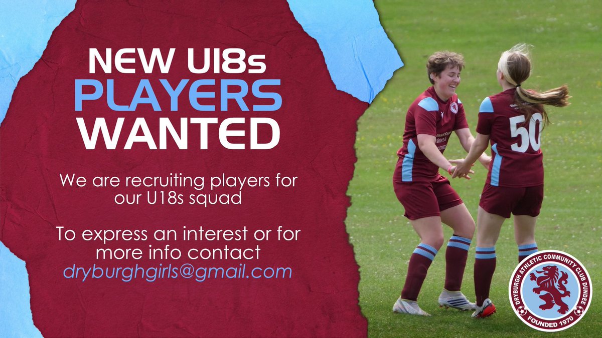 We are recruiting players NOW for our U10s &amp; U18s squads ⬇️

📚⚽️ 2 training sessions per week with SFA qualified &amp; PVG coaches 

⚽️ Weekend games

👚👕 Match kit &amp; Training kit supplied 

👣 Full football pathway to TWO Women’s sides

For info email dryburghgirls@gmail.com