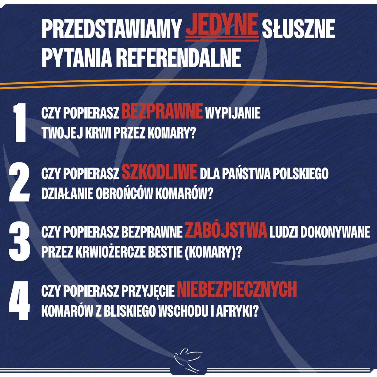 partia_PEK's tweet photo. Przedstawiamy JEDYNE słuszne pytania referendalne!

#Referendum2023 #Referendum #komary #PEK #wybory2023 https://t.co/Qi19vEI0kX