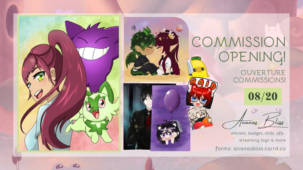 ananasbliss's tweet image. 🌷Commissions open | ouvertes!🌷

👇
ananasbliss.carrd.co

 ♡ + ↻ appréciés | appreciated! 

#commissionsopen #commissionart #emoteartist #artist #streaming #twitch