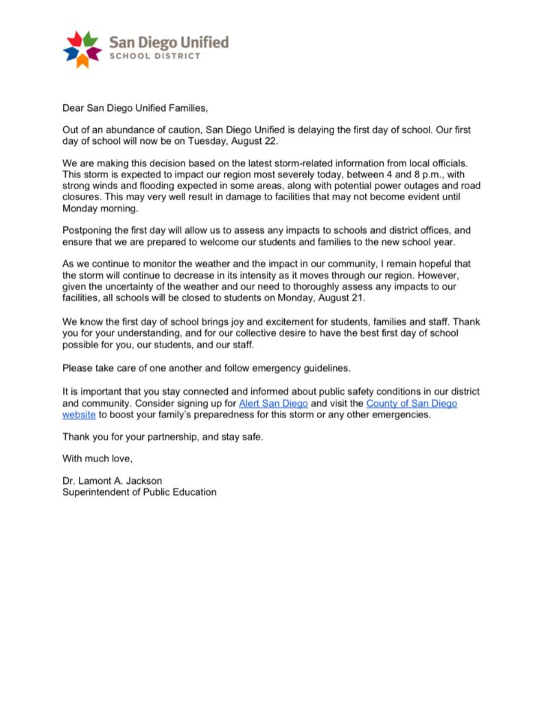 SDUSD first day of school postponed to Aug 22