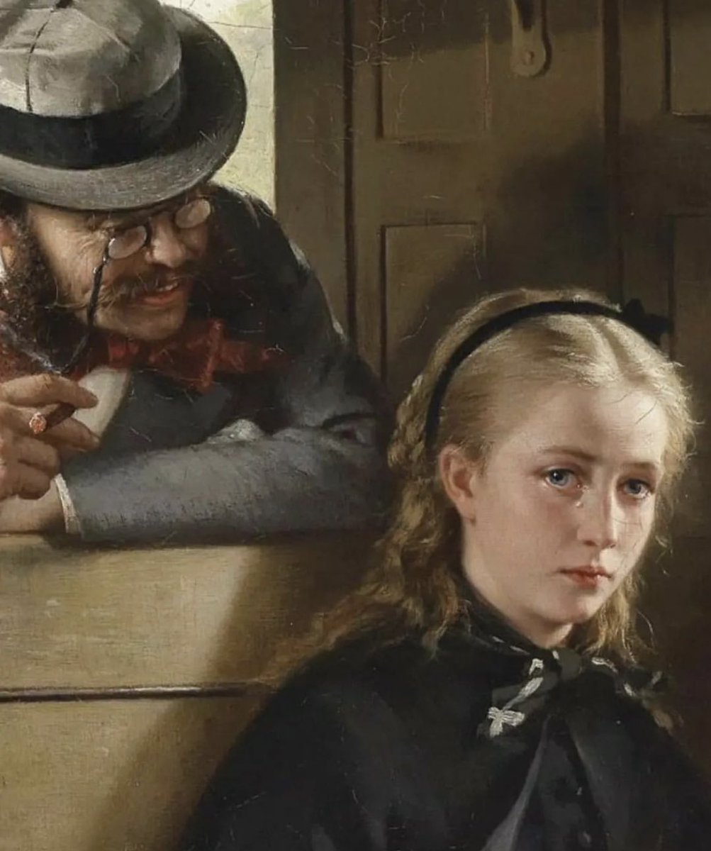 historyinmemes's tweet photo. The painting "The Irritating Gentleman" by Berthold Woltze, created in 1890, portrays a woman who, based on her appearance, likely belongs to the lower middle class. This assumption is drawn from the common practice of educated working women wearing black attire, which conceals stains effectively. However, her emotionally expressive eyes strongly suggest that she is in a state of mourning. Her double-lock carpet bag indicates that she is traveling with minimal baggage, possibly on her way to or from a funeral.

During this period in Europe, mourning and funerals were elaborate affairs, with societal norms dictating that mourners dress entirely in black and refrain from wearing jewelry unless it too was black. The woman's hairstyle, pulled back with a headband and braided, implies that she is a teenager. The presence of a white handkerchief beneath her left hand is evidence of recent tears.

The fact that the "irritating gentleman" is bothering a young, grieving teenager who is traveling alone only serves to exacerbate his irritating behavior.