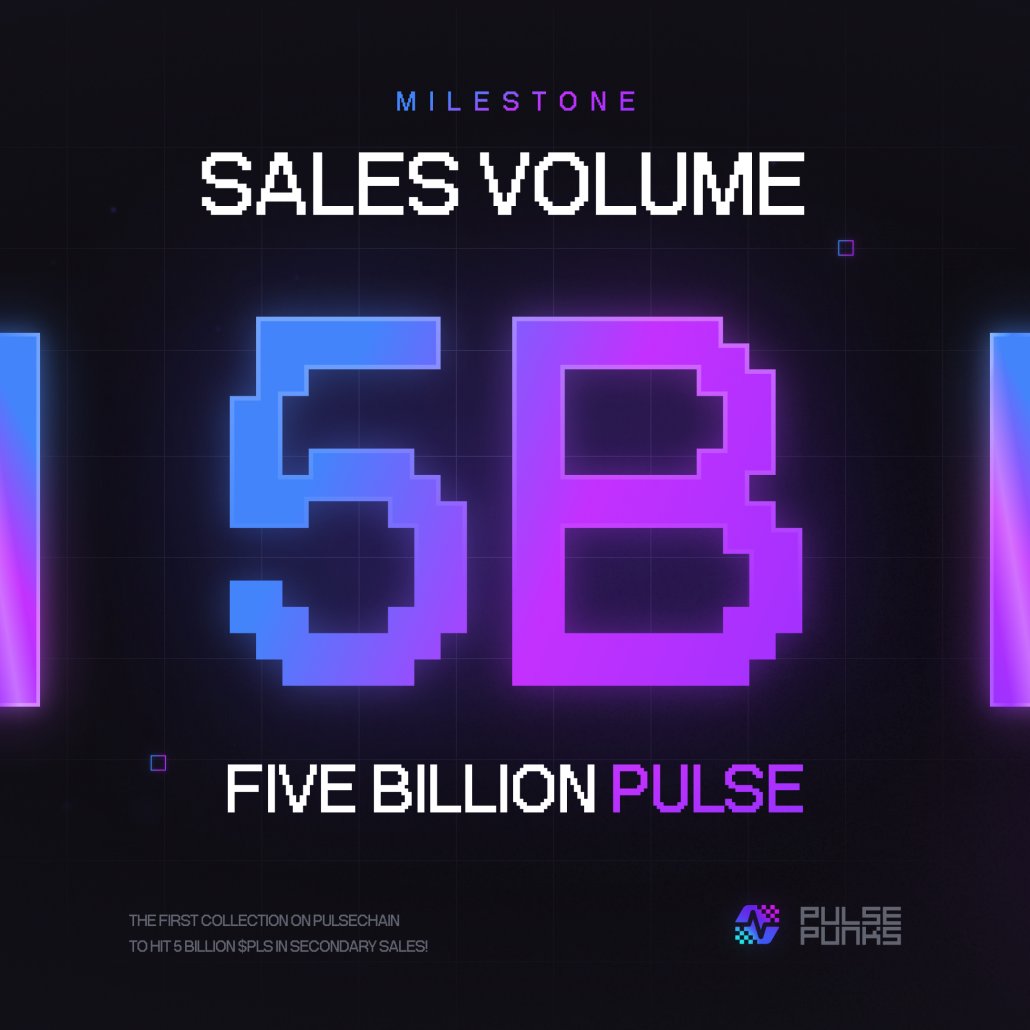 🚨 PULSEPUNKS BREAKS 5 BILLION $PLS IN SALES VOLUME 🚨

Today #PulsePunks, the 1st #NFT minted on #Pulsechain, broke a massive milestone surpassing 5,000,000,000 PLS (~$231K) in secondary marketplace sales! 🔥🚀

Check out our LIVE zero-fee marketplace👇
app.pulsepunks.com/market