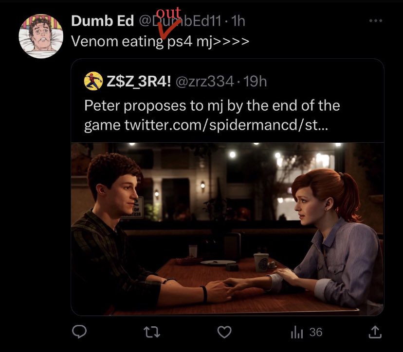 brooklynvtc_'s tweet photo. Considering that there’s a theory that Peter is going to be Venom himself, this is an accurate statement. 

#SpiderMan #SpiderMan2PS5 #PeterParker #MaryJaneWatson https://t.co/kx5LWKJMDQ