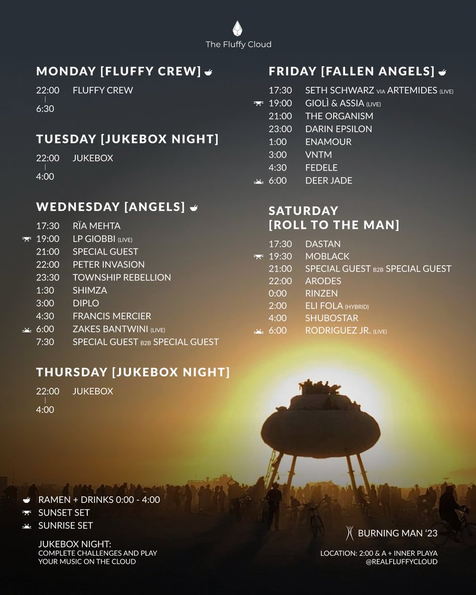 Lineup for next week has been revealed!!  See you out in the Playa 😎🏜️🌵

#fluffycloud #burningman #blackrockcity #reno #gerlach #nevada #melodictechno #indiedance #organichouse #progressivehouse