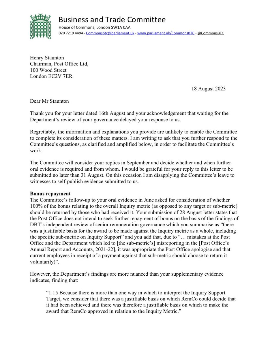 darrenpjones's tweet photo. And here is my reply on behalf of @CommonsBTC.

There are still more questions that need answering. 

And the Post Office executives should have the moral compass to know they should reply the faulty bonuses in full. https://t.co/bTI0Pk92HT