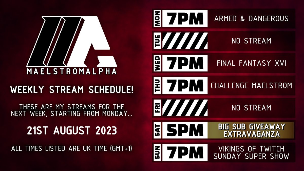 MaelstromALPHA's tweet photo. Here is my streaming schedule for next week! It's finally time for the BIG SUB GIVEAWAY EXTRAVAGANZA 2023!
#ArmedandDangerous, #FF16, #ChallengeMaelstrom, #SubGiveaway, #VSSS
Come watch me live on #Twitch! @ https://t.co/BxdXuNqsYi https://t.co/CTg7GMHXOH