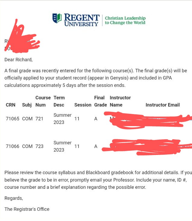 RichardHall16's tweet photo. Final grades for my first semester. Second semester starts tomorrow. #DocStudentLife https://t.co/UCT4B1hE6y
