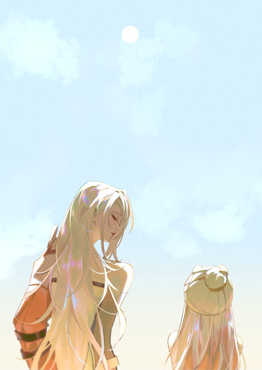 long hair 2girls multiple girls closed eyes blonde hair sun from behind  illustration images