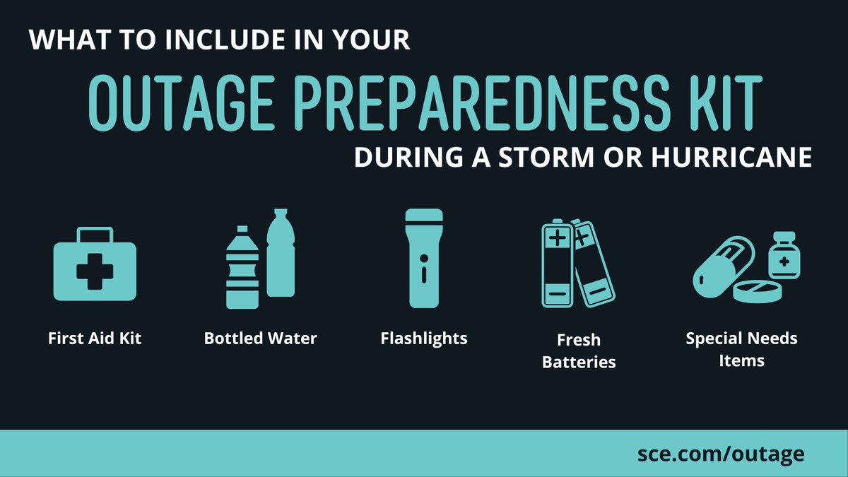 SCE's tweet photo. Stay prepared, stay safe! With #HurricaneHilary set to bring heavy wind and #rain, it's important to be ready for possible power #outages. Here are some items to have in your emergency kit. For additional #tips and to sign-up for outage alerts, visit https://t.co/6lllA37cTZ. https://t.co/JTet2LuBJL
