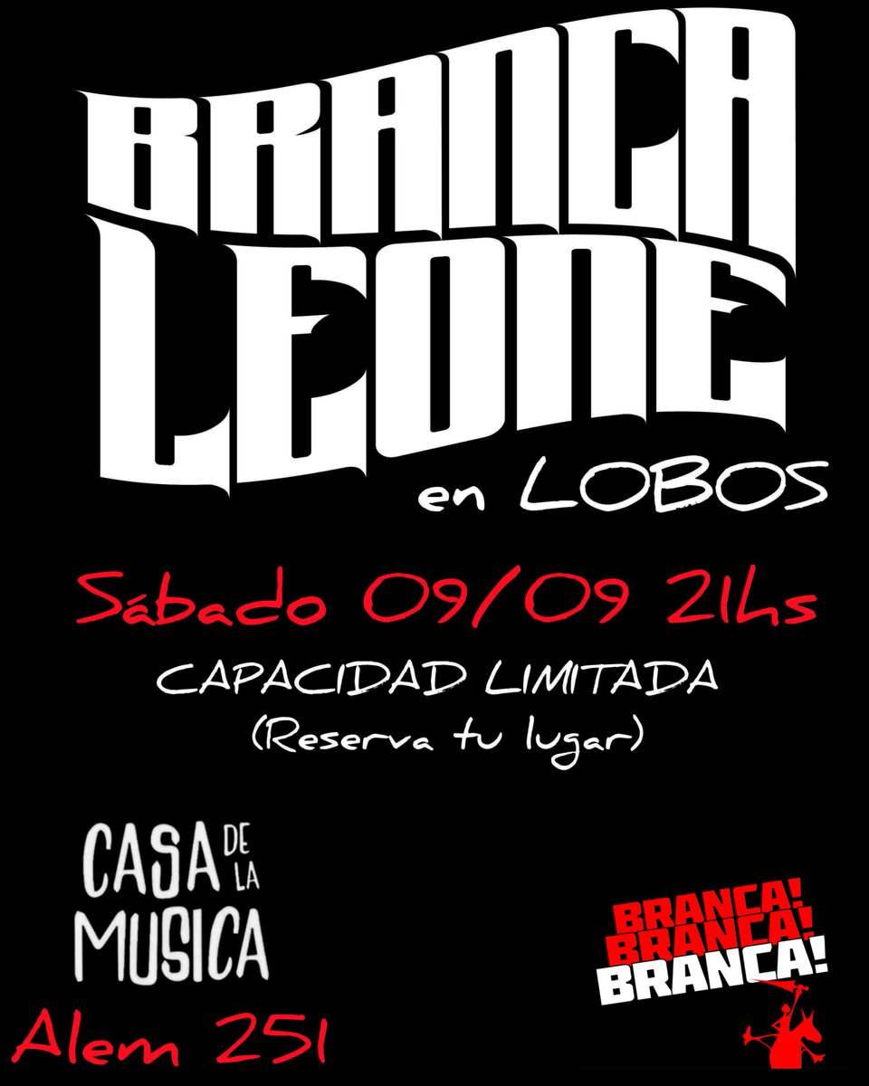 Hay Luna de Brancaleone en 
LOBOS 🤘🏻

Casa de la Música 🎵
Alem 251

Capacidad Limitada ‼️
Reserva tu lugar

Branca ‼️ Branca ‼️ Branca