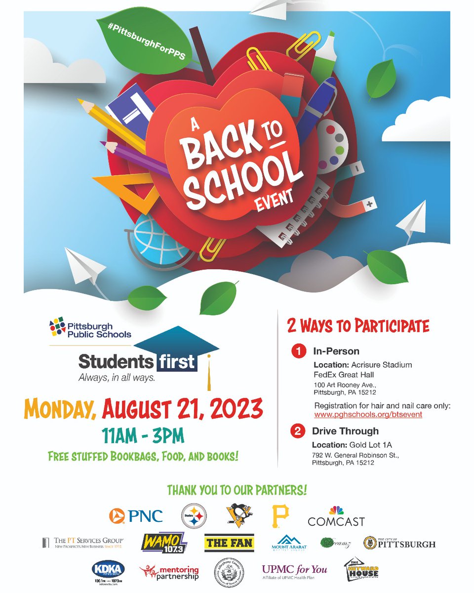 PPSnews's tweet photo. Tomorrow is the BIG DAY🎉 
Meet us on the North Shore from 
11:00 am-3:00 pm for the BIGGEST back-to-school bash!

Families can drive through Gold Lot 1A to snag a stuffed book bag, food, hand sanitizer, books, and more!

Make plans to arrive early! https://t.co/GuiHb9XYRy
