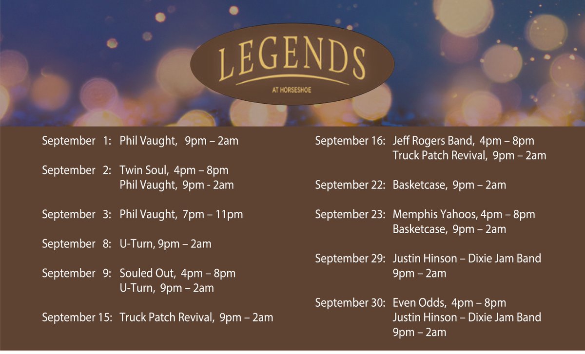 Horseshoetunica's tweet photo. Live Music every Friday and Saturday in September! Make plans to come see us! #LegendsBar https://t.co/2ikrdVP22x