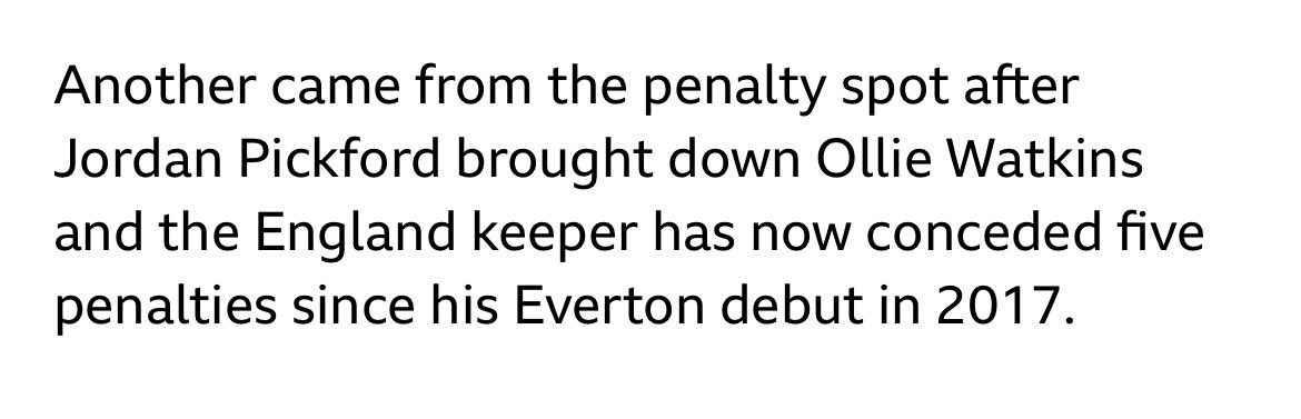 What ever you think of Jordan Pickford, is conceding 5 penalties in 6 years worth reporting? Its just lazy reporting on the always easy to blame GKs
#blametheGK #notevenapenaltyayear