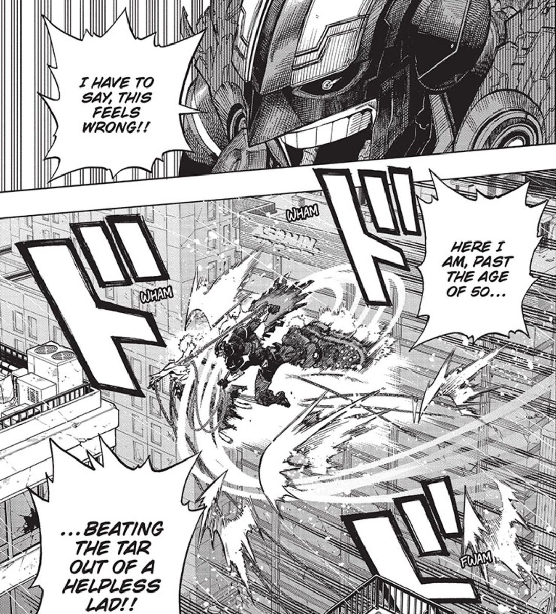 ShadzMangaOnly's tweet photo. Great acting by Allmight. Just like with Heroism, he's giving this his all.
Every action & line having the same purpose of keeping AFO's attention here, on him. He understands that at any second AFO can fly away without him being able to do much..
#MHA397 #ShadzMHA #MyHeroAcademia397