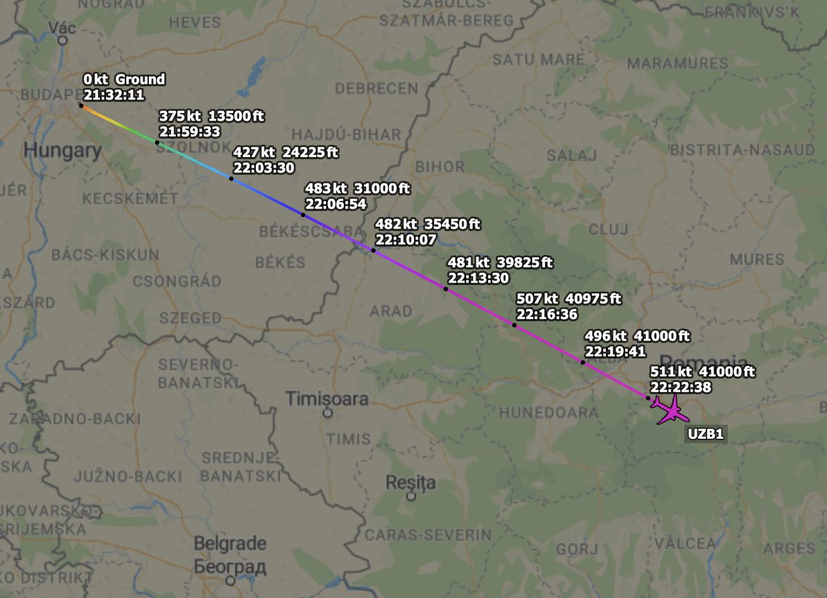 TheSnoopySnoop's tweet photo. #UZB1 Government of the Republic of Uzbekistan Boeing 787-8 Dreamliner #507C4F UK001 👀

Airborne from Budapest, Hungary &amp; heading over Romania. Arrived Budapest yesterday from Tashkent

#avgeek #planespotting https://t.co/o2ZqUyRZt6