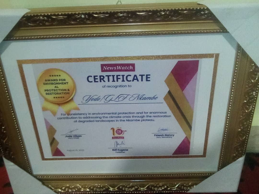 Yodo/ GLFx Nkambe honoured at the 10th Anniversary of <a href="/NewswatchCMR/">NewsWatch Cameroon</a> . Another red feather for our efforts in restoring degraded landscape #Everyone <a href="/GlfNkambe/">GLF Nkambe Chapter</a> <a href="/GLFChapters/">GLFx Chapters🌍🌎🌏</a> <a href="/YIL_Initiative/">Youth In Landscapes Initiative (YIL)</a> <a href="/FAO/">Food and Agriculture Organization</a> <a href="/UNEP_Africa/">UN Environment Programme in Africa</a> <a href="/socialshifters/">Social Shifters</a> <a href="/MellonFdn/">Mellon Foundation</a> @pollinat