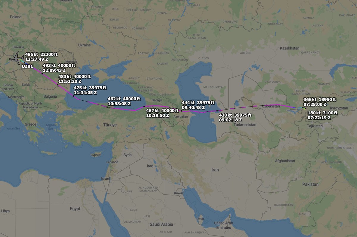 TheSnoopySnoop's tweet photo. #UZB1 Government of the Republic of Uzbekistan Boeing 787-8 Dreamliner #507C4F UK001 👀

Airborne from Budapest, Hungary &amp; heading over Romania. Arrived Budapest yesterday from Tashkent

#avgeek #planespotting https://t.co/o2ZqUyRZt6