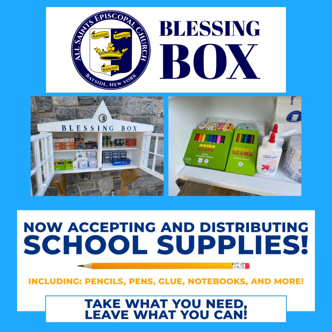 AllSaintsECB's tweet photo. It’s back to school season, and with that in mind, we have begun to stock some school supplies in our Blessing Box! If you or a loved one is in need, feel free to come and take some supplies. If you are able, please help by making donations of small school supplies. https://t.co/dMaXUfTJXj