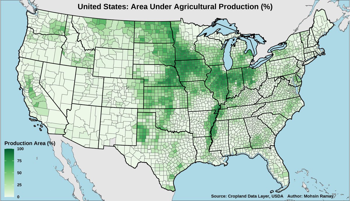 mohsinramay_'s tweet image. Do you know where Agriculture Thrives in the USA?

I created this Agricultural Area Map using the 2022 USDA Cropland Data Layer (CDL). 

Tools used:
- Google Earth Engine for massive data processing.
- R for stunning data visualization.

#GoogleEarthEngine #RStats #Ggplot2 #Maps
