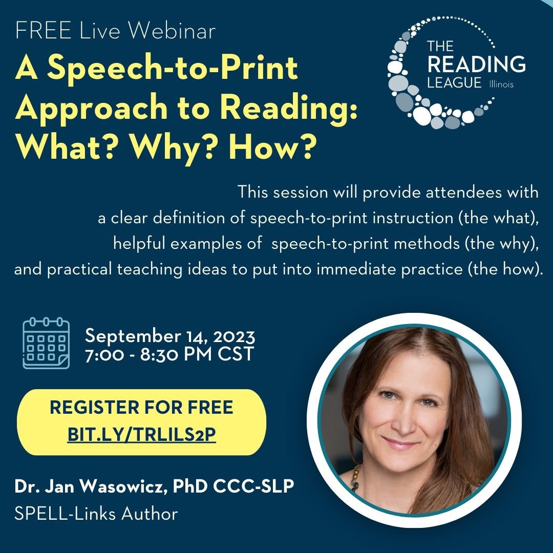 ReadingLeagueIL's tweet photo. 🎉 Join us for a captivating virtual webinar on "Speech to Print" with Dr. Jan Wasowicz! 📚 

Date: Sep 14
Time: 7pm. 
Register: [https://t.co/WEW9xwACcC] 🔍🗣️

#VirtualWebinar #SpeechToPrint #LanguageLiteracy #IllinoisTeachers #ScienceOfReading https://t.co/Dk17Hozu1v