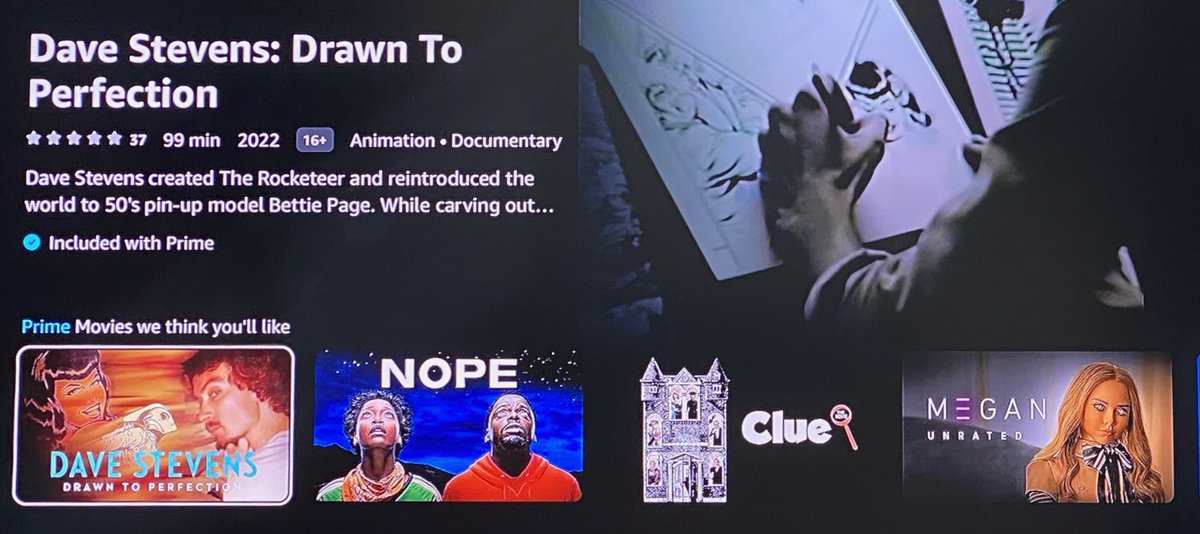 We are thrilled to see our #DaveStevens @RocketeerTrust documentary recommended on @PrimeVideo alongside these fantastic films: @Monkeypaw's @nopemovie (my fave film of '22), the 1985 classic CLUE, and #GerardJohnstone's brilliant @meetM3GAN:
amazon.com/Dave-Stevens-P…
