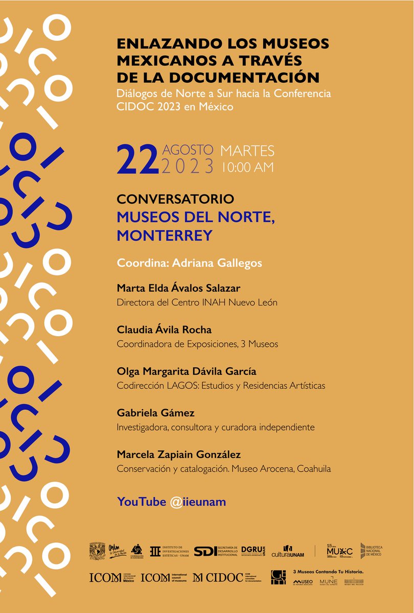 La Conferencia #CIDOCMX2023 inicia. El martes 22 de agosto, 10:00 am, desde Monterrey NL, primer CONVERSATORIO  Transmisión en vivo: youtube.com/@iieunamMás información: cidoc2023.unam.mx #cidoc2023 #MuseumDocumentation #CIDOCMX #DocumentacióndeMuseos