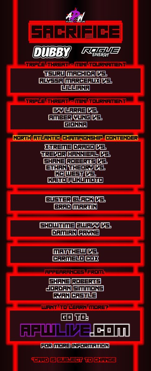 APW_Live's tweet photo. 🚨APW Sacrifice Episode 25🚨
- #SamuelNorthEffect takes over APW!
- Mini Tournament for #1 Contendership
- 6 Pack Challenge for #1 Contendership
- Buster Black in Action!
- Showtime 2Wavy vs Damian Payne
AND MORE
Tune into APW tonight at 6pm CST
TELL YOUR FRIENDS APW IS ON! https://t.co/oJj2KiociH