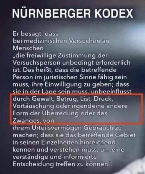 Am 20.08.47 verkündeten die USA den Nürnberger Kodex. Ich würde mich freuen, wenn wir mit vielen Anderen hier auf Twitter gemeinsam daran erinnern würden. Aktuell sprechen alle Indizien dafür, das er milliardenfach gebrochen wurde. 
#wirvergessennicht #Nuernbergerkodex