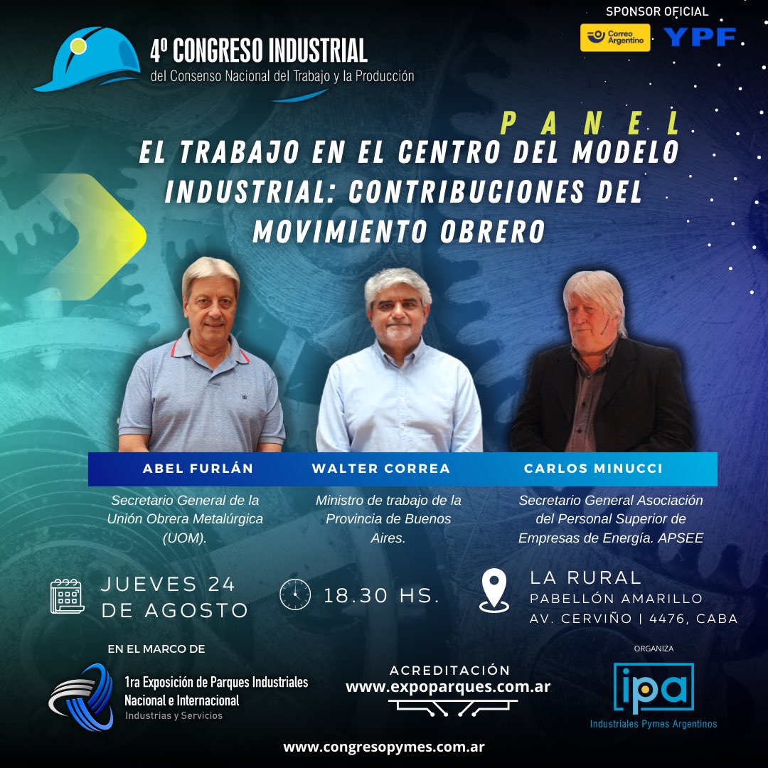 👷🏽¡Panel confirmado! 
EL TRABAJO EN EL CENTRO DEL MODELO INDUSTRIAL: CONTRIBUCIONES DEL MOVIMIENTO OBRERO

🗓️ Jueves 24 de agosto a las 18.30 hs.
📍Los esperamos en La Rural - Av. Cerviño | 4476, CABA, en el marco de @expoparquesind 

▶️ Acreditación: eventos.dataexpress.com.ar/#/form/expo-pa…