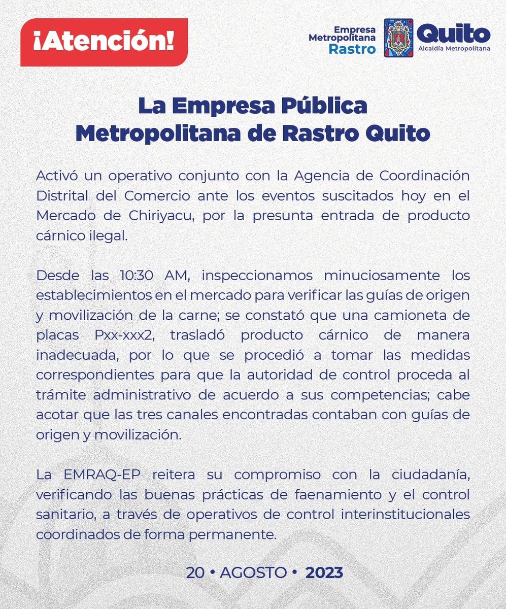 Rastro_Quito's tweet photo. 🛃 #QuitoSeguro | Actuamos rápido: Ante hechos en el Mercado Chiriyacu, junto a @QuitoComercio, activamos operativo. Tu seguridad es primordial para nosotros.
 #QuitoRenace https://t.co/Yr0WTxOsdD