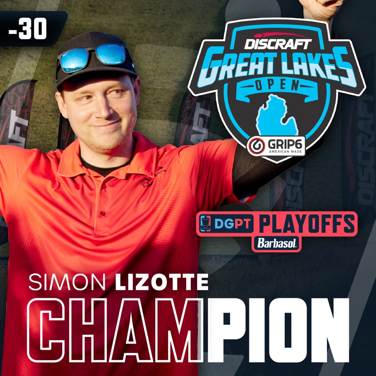 DiscGolfProTour's tweet photo. Win #2 of the season! Simon Lizotte is your 2023 @DiscraftDG's Great Lakes Open presented by GRIP6 Champion! https://t.co/JfgVjGbey6