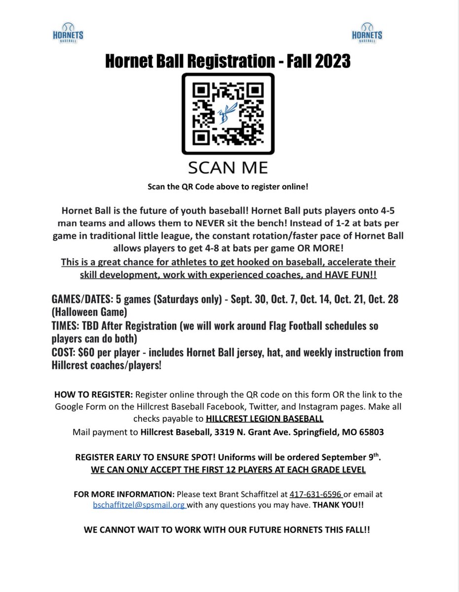 hillcrestbb's tweet photo. We are super excited to announce our 2023 fall baseball league: Hornet Ball!
The league will be played on 5 Saturdays, beginning September 30th.
Please see the attached flyer for more info/dates.

Click the following link to register:

https://t.co/LpwExkoV5c @Hillcrest_SPS https://t.co/TS5muhRRq1