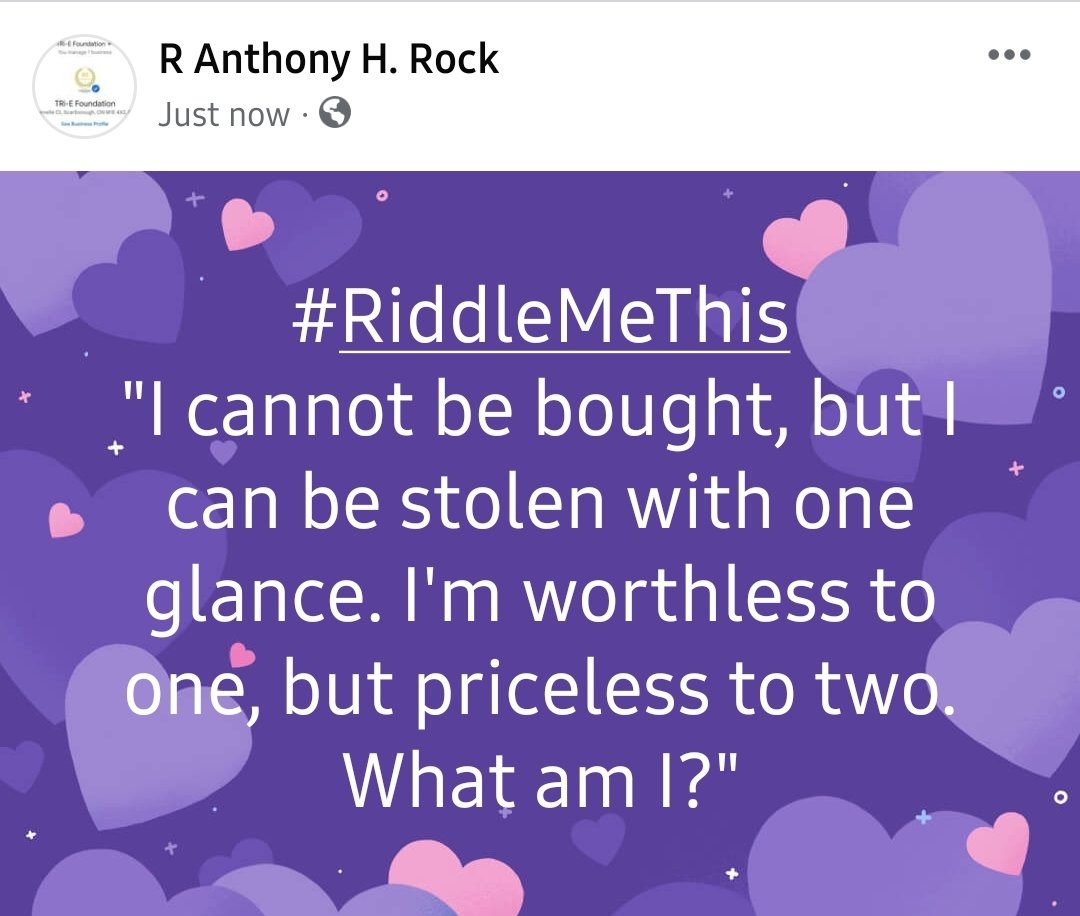 #RiddleMeThis
'Wasted when shared by none or one, the rarest commodity under the Sun.
Wanted by All, until Obsession's call; in Darkness is Light to us All. What am I?'
Put both Answers in the Comments.
#AudienceParticipation