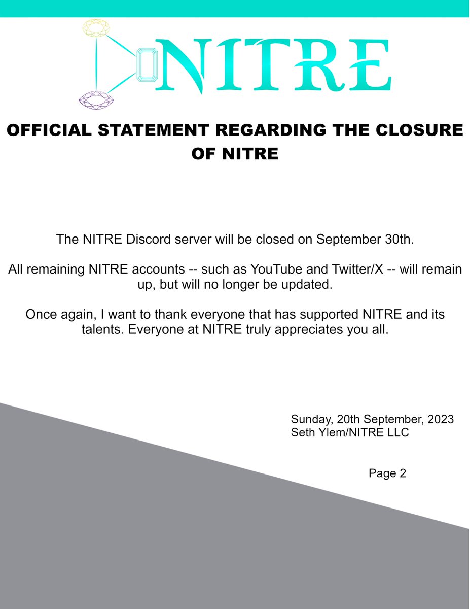 NITREOfficial's tweet photo. [Announcement]

Official announcement of the closure of NITRE. Please follow the remaining talents for information on their plans in the upcoming month:

@MaiNoxNITRE, @KyliaMadorNITRE, @FordonCreo, @AnathemaMisce, @HuxleySanus, @IchabodLex, @BriarPestis https://t.co/N3KfRIt6cg